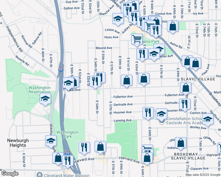 map of restaurants, bars, coffee shops, grocery stores, and more near Fleet Ave & E 57th St in Cleveland