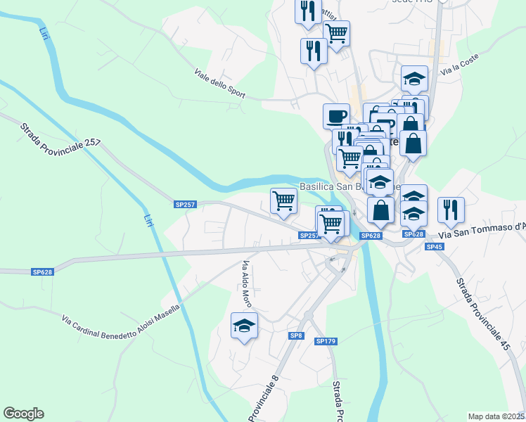 map of restaurants, bars, coffee shops, grocery stores, and more near Via la Libera in Pontecorvo