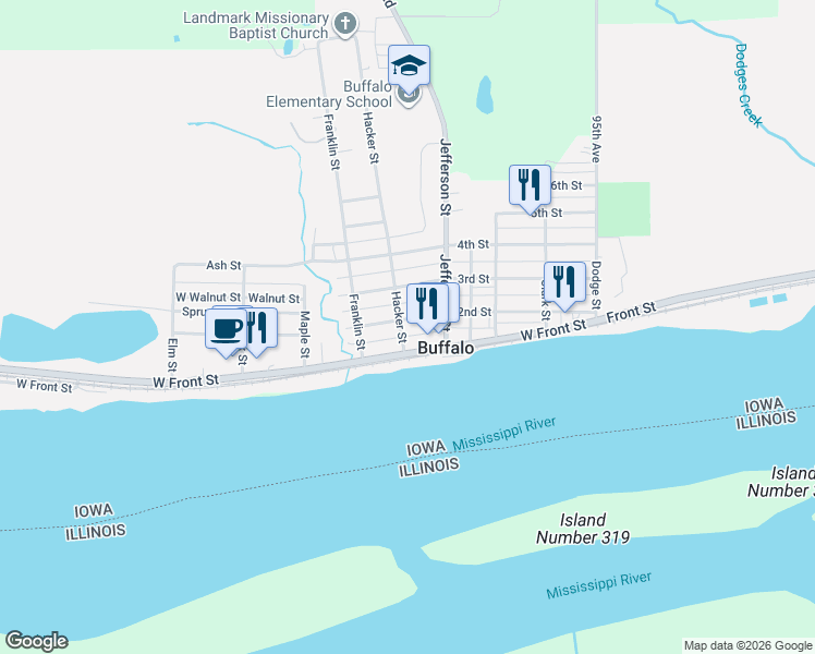 map of restaurants, bars, coffee shops, grocery stores, and more near 624 Front St in Blue Grass