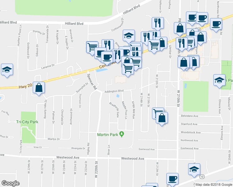 map of restaurants, bars, coffee shops, grocery stores, and more near 21845 Addington Boulevard in Rocky River