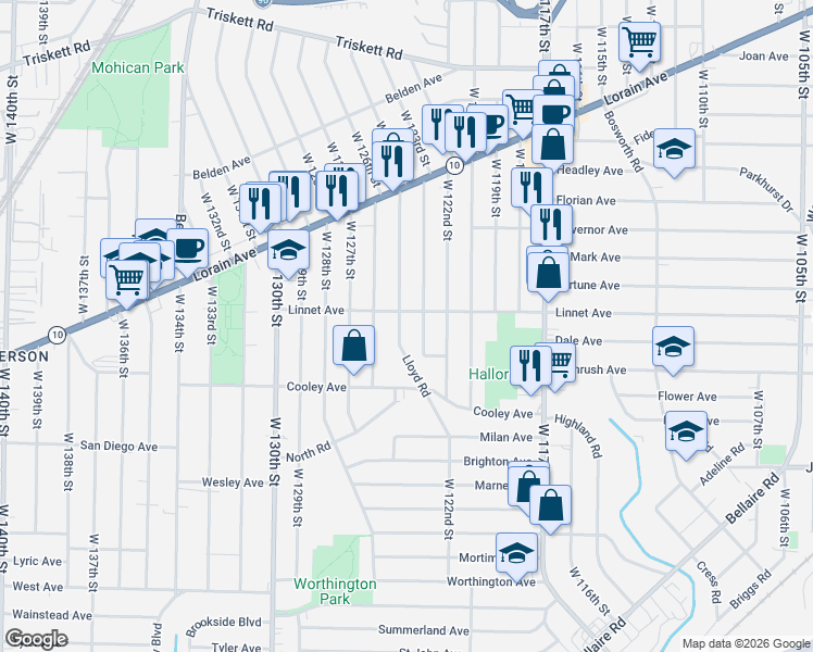 map of restaurants, bars, coffee shops, grocery stores, and more near 3574 West 123rd Street in Cleveland