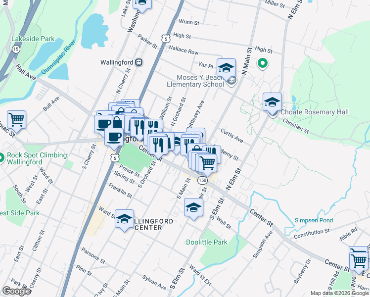 map of restaurants, bars, coffee shops, grocery stores, and more near 25 North Whittlesey Avenue in Wallingford