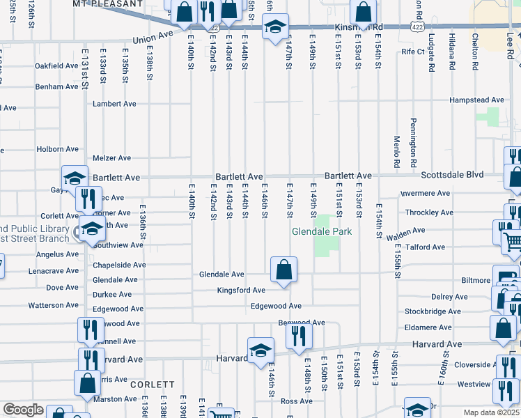 map of restaurants, bars, coffee shops, grocery stores, and more near 3818 East 146th Street in Cleveland
