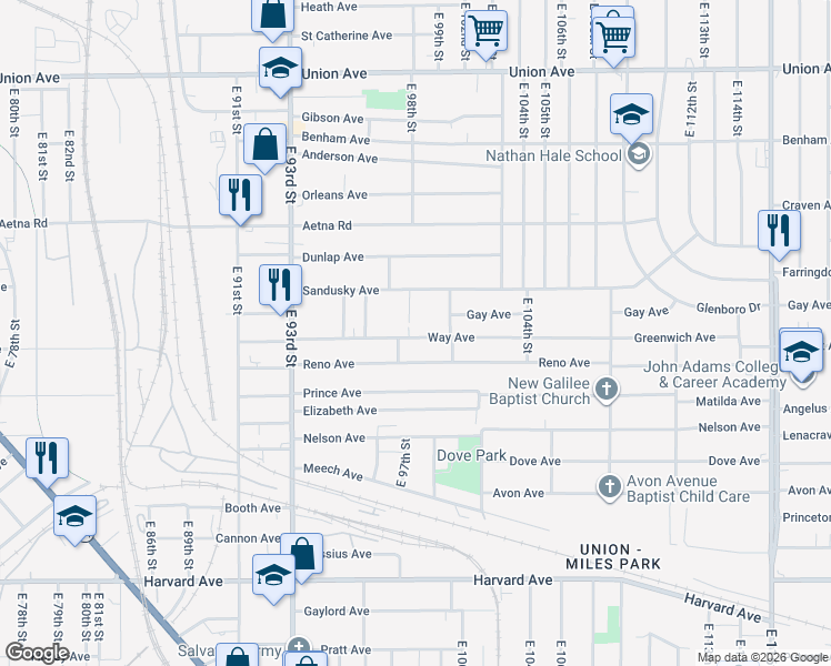 map of restaurants, bars, coffee shops, grocery stores, and more near 9902 Reno Avenue in Cleveland