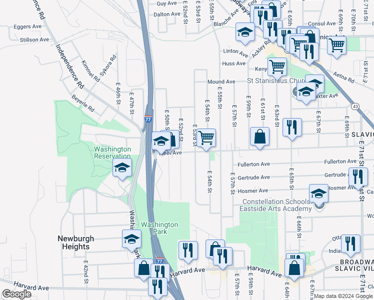 map of restaurants, bars, coffee shops, grocery stores, and more near 5208 Fleet Avenue in Cleveland