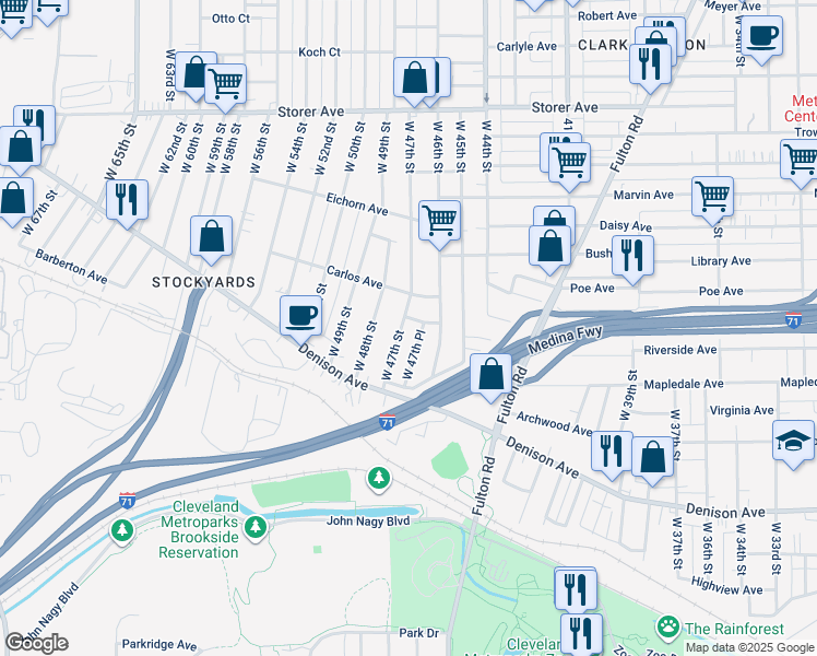 map of restaurants, bars, coffee shops, grocery stores, and more near 3630 West 47th Street in Cleveland