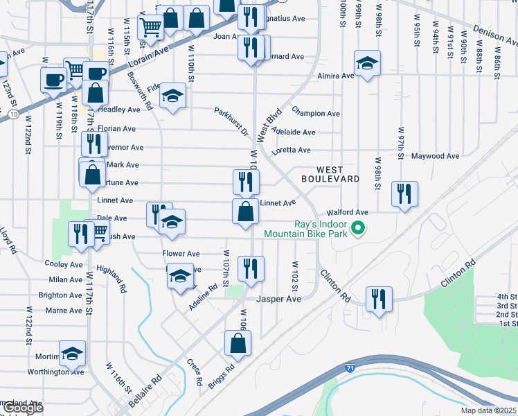 map of restaurants, bars, coffee shops, grocery stores, and more near 3558 West 105th Street in Cleveland
