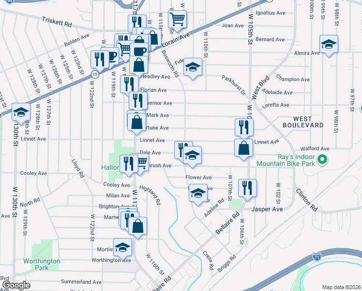 map of restaurants, bars, coffee shops, grocery stores, and more near 3568 Bosworth Road in Cleveland