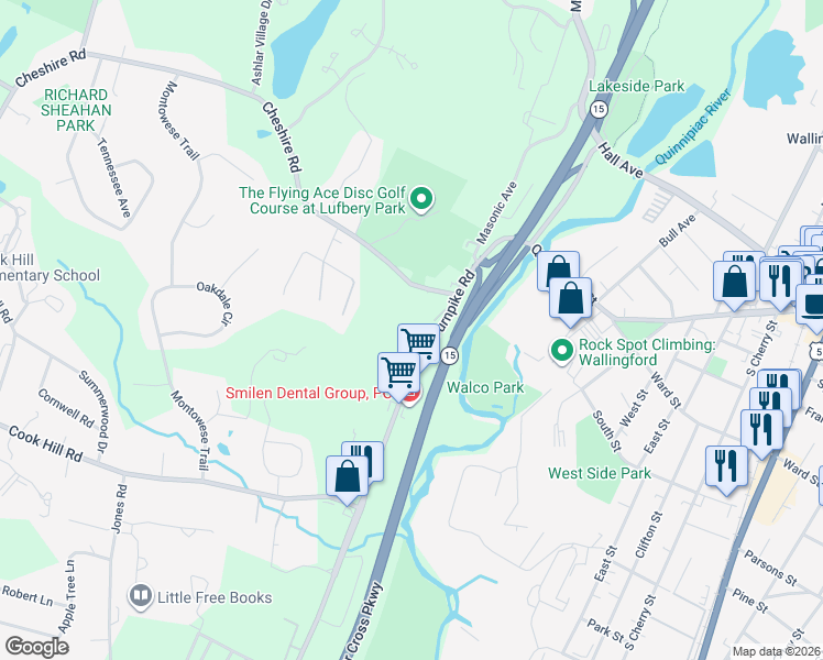 map of restaurants, bars, coffee shops, grocery stores, and more near 39 South Turnpike Road in Wallingford