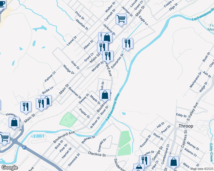 map of restaurants, bars, coffee shops, grocery stores, and more near Ash Street in Dickson City