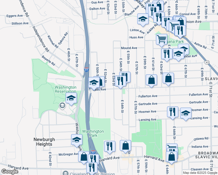 map of restaurants, bars, coffee shops, grocery stores, and more near 5208 Fleet Avenue in Cleveland