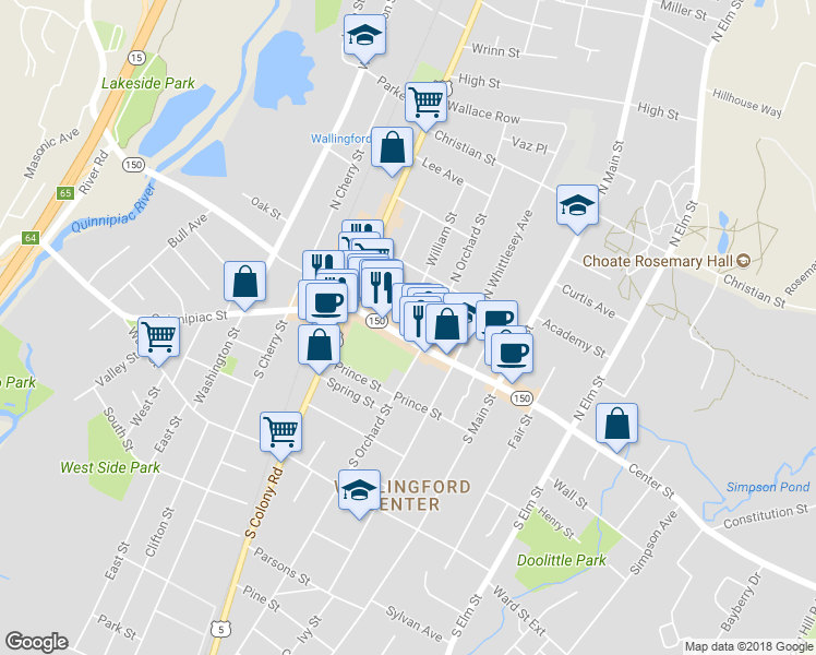 map of restaurants, bars, coffee shops, grocery stores, and more near 114 Center Street in Wallingford