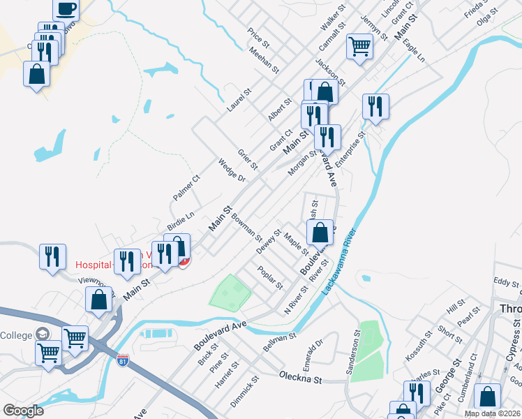 map of restaurants, bars, coffee shops, grocery stores, and more near 519 Dewey Street in Dickson City