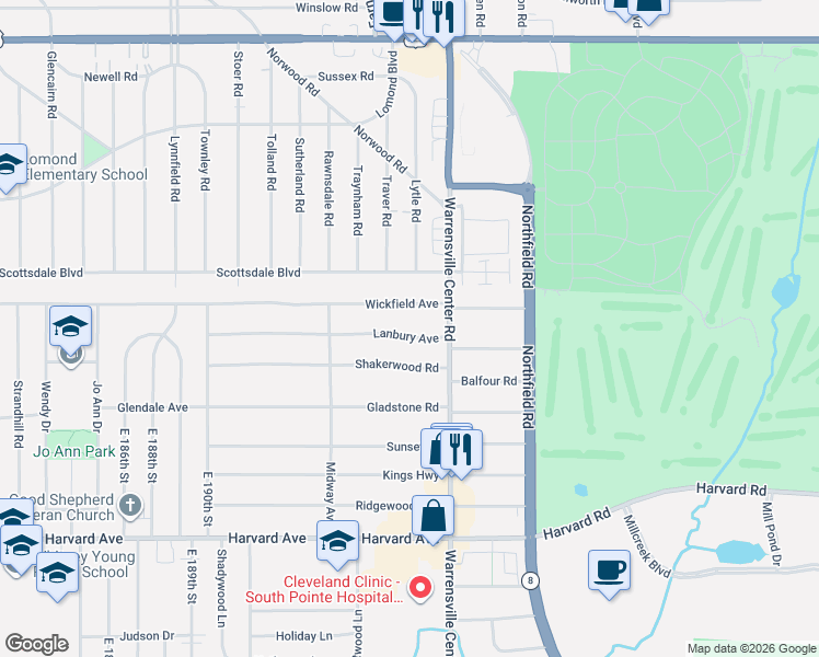 map of restaurants, bars, coffee shops, grocery stores, and more near 20210 Lanbury Avenue in Warrensville Heights