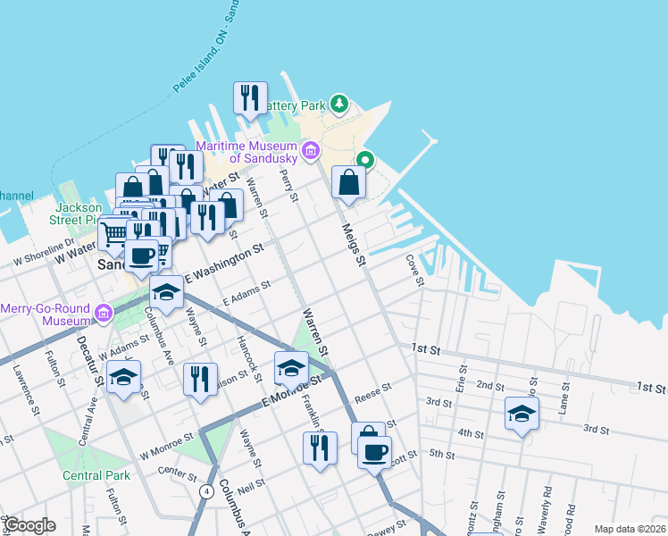 map of restaurants, bars, coffee shops, grocery stores, and more near 419 Perry Street in Sandusky