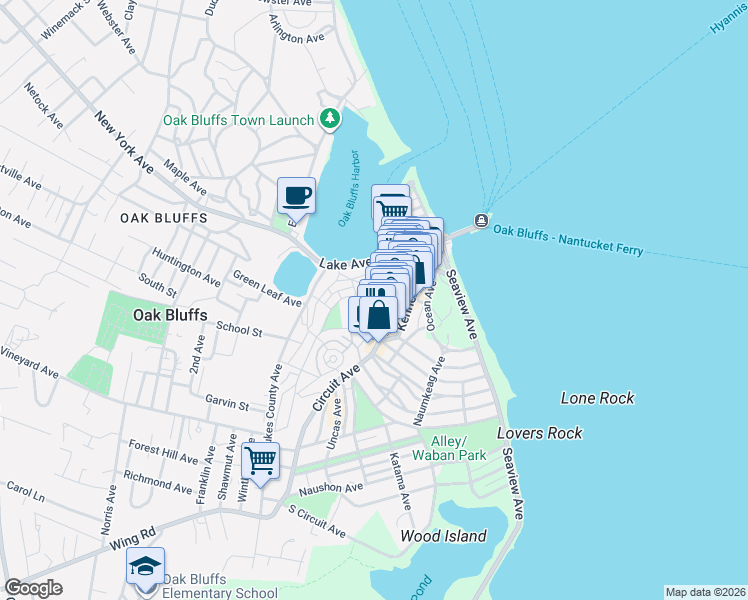 map of restaurants, bars, coffee shops, grocery stores, and more near 2 Lincoln Avenue in Oak Bluffs