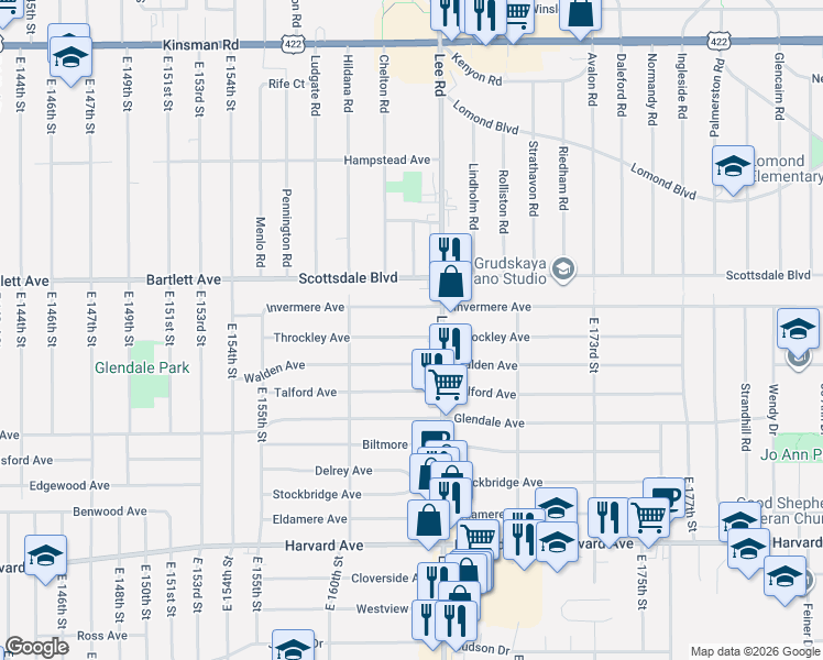 map of restaurants, bars, coffee shops, grocery stores, and more near 3810 Lee Road in Cleveland