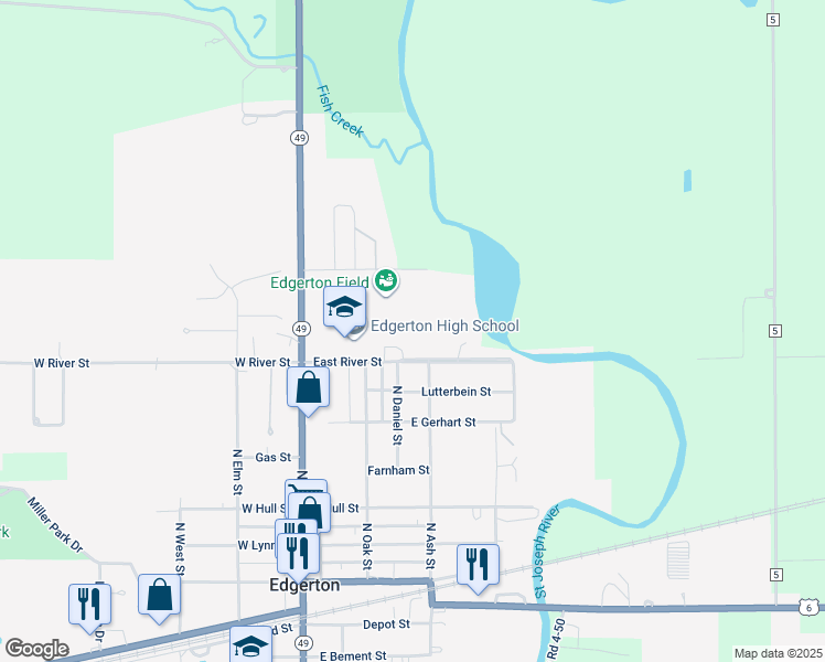 map of restaurants, bars, coffee shops, grocery stores, and more near 111 East River Street in Edgerton
