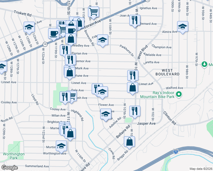 map of restaurants, bars, coffee shops, grocery stores, and more near 11020 Dale Avenue in Cleveland