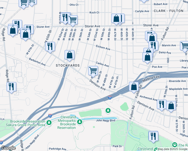 map of restaurants, bars, coffee shops, grocery stores, and more near 3613 West 50th Street in Cleveland