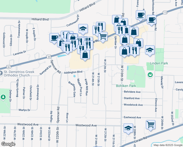 map of restaurants, bars, coffee shops, grocery stores, and more near 3830 West 214th Street in Fairview Park
