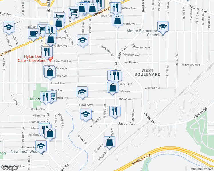 map of restaurants, bars, coffee shops, grocery stores, and more near 10617 Linnet Avenue in Cleveland