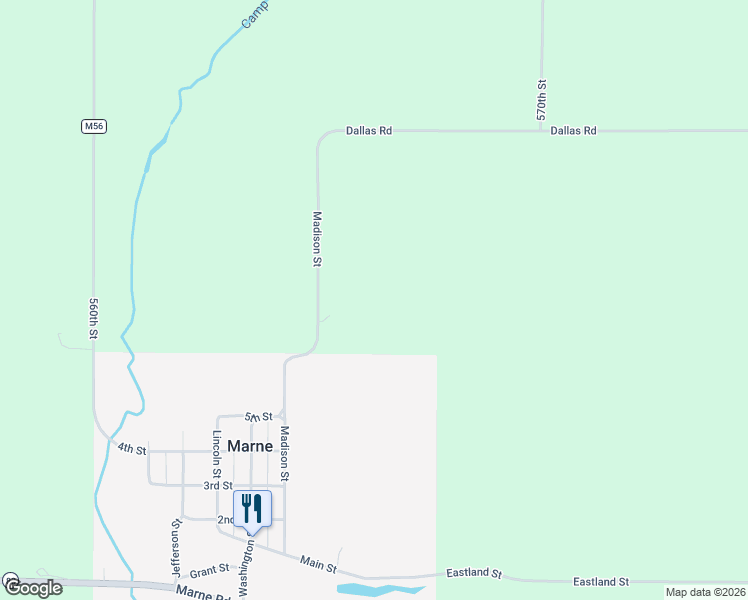 map of restaurants, bars, coffee shops, grocery stores, and more near 53424 565th Street in Marne