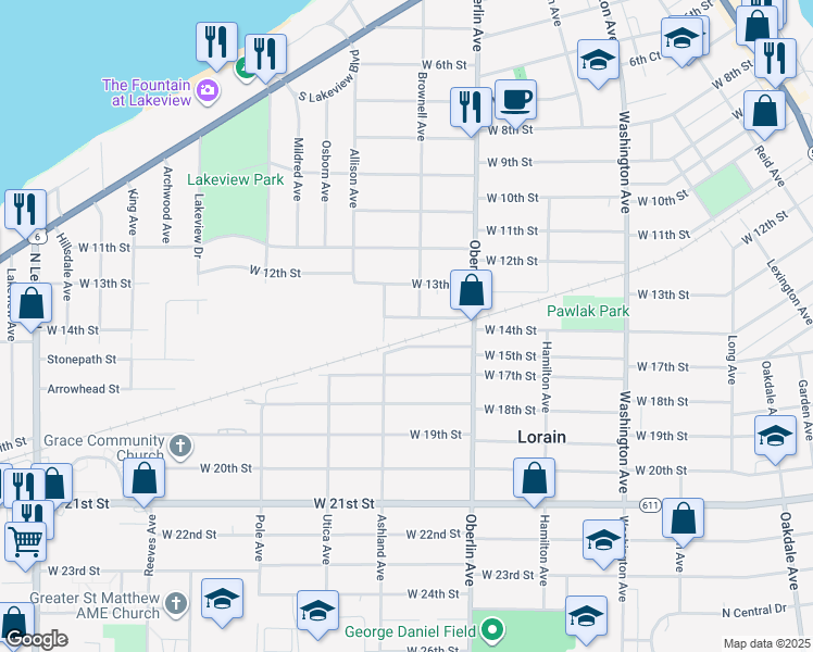 map of restaurants, bars, coffee shops, grocery stores, and more near 1309 West 14th Street in Lorain