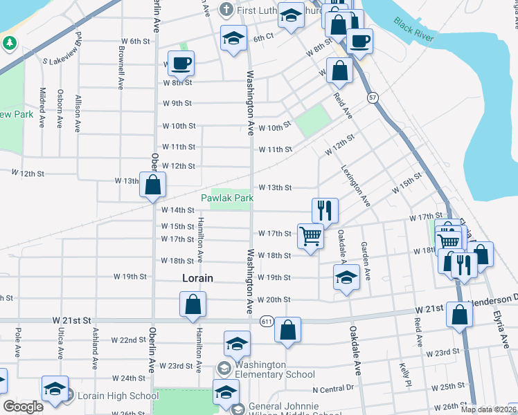 map of restaurants, bars, coffee shops, grocery stores, and more near 934 West 14th Street in Lorain
