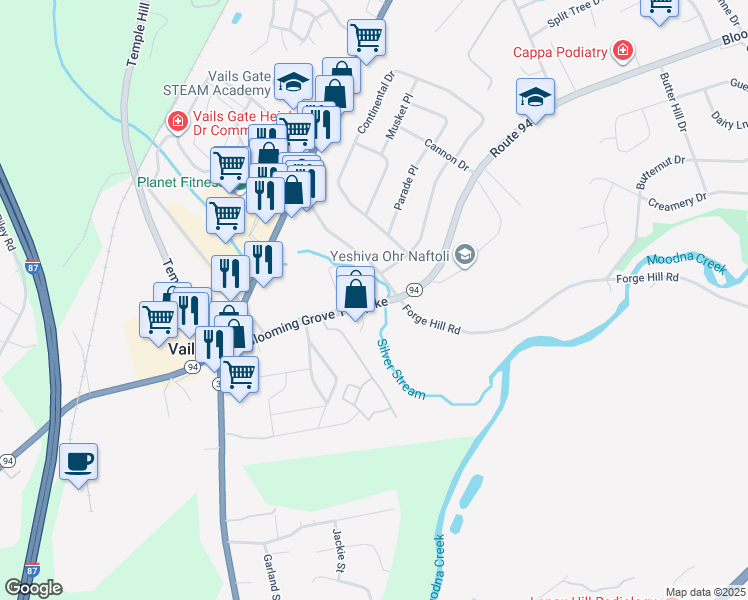 map of restaurants, bars, coffee shops, grocery stores, and more near 5201 Blooming Grove Turnpike in New Windsor