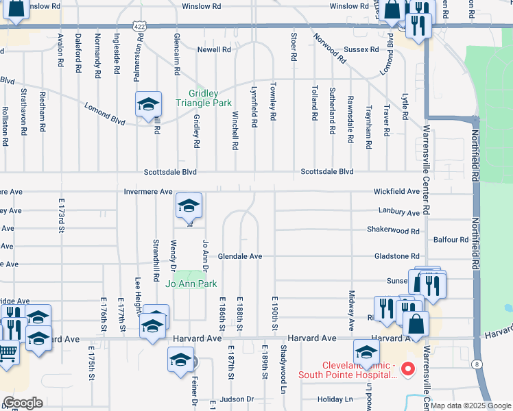 map of restaurants, bars, coffee shops, grocery stores, and more near 3830 East 189th Street in Cleveland