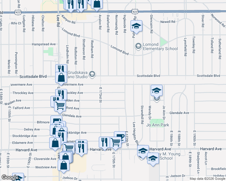 map of restaurants, bars, coffee shops, grocery stores, and more near 17520 Throckley Avenue in Cleveland