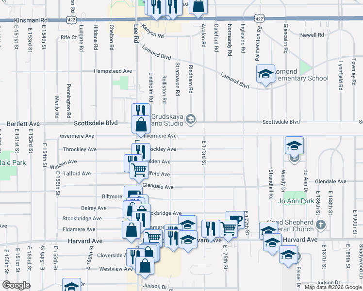 map of restaurants, bars, coffee shops, grocery stores, and more near 17008 Throckley Avenue in Cleveland