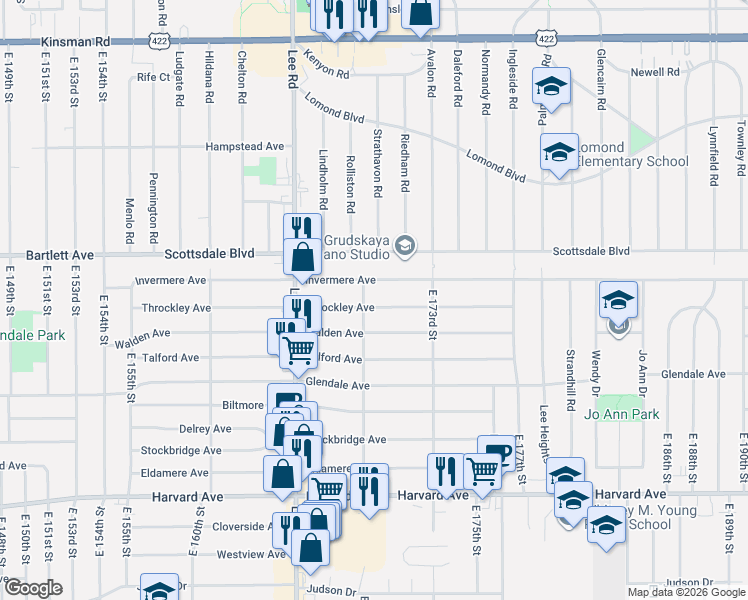 map of restaurants, bars, coffee shops, grocery stores, and more near 17008 Throckley Avenue in Cleveland