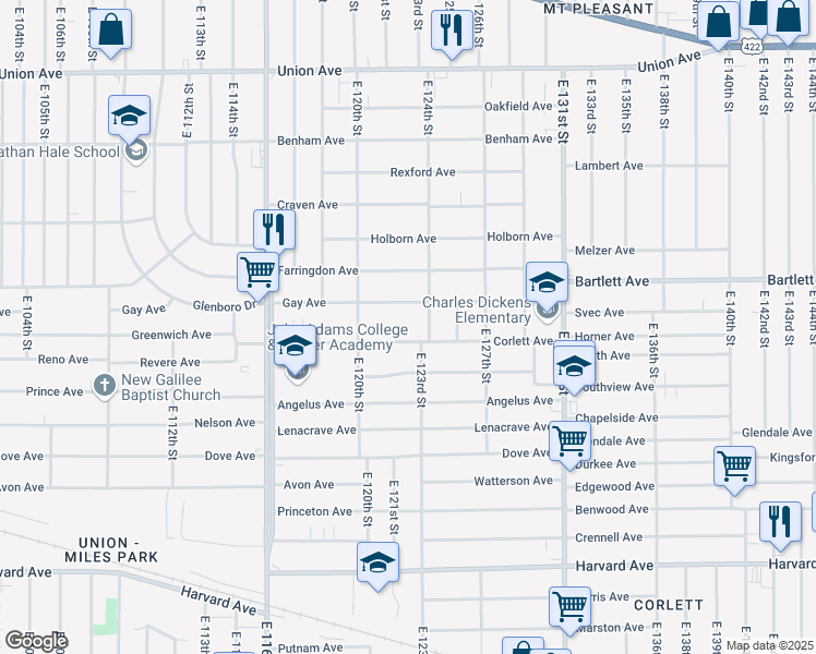 map of restaurants, bars, coffee shops, grocery stores, and more near 12212 Corlett Avenue in Cleveland
