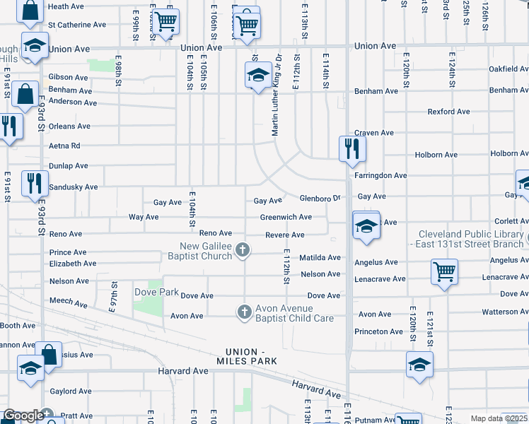 map of restaurants, bars, coffee shops, grocery stores, and more near 11018 Greenwich Avenue in Cleveland