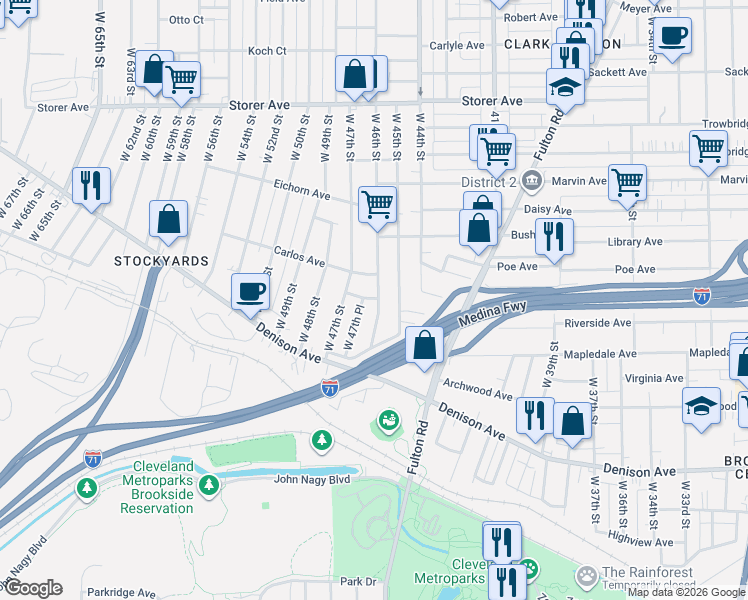 map of restaurants, bars, coffee shops, grocery stores, and more near 3632 West 46th Street in Cleveland