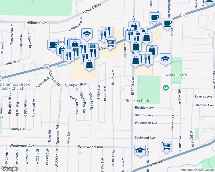 map of restaurants, bars, coffee shops, grocery stores, and more near 3835 West 213th Street in Fairview Park