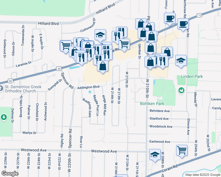 map of restaurants, bars, coffee shops, grocery stores, and more near 3830 West 214th Street in Fairview Park