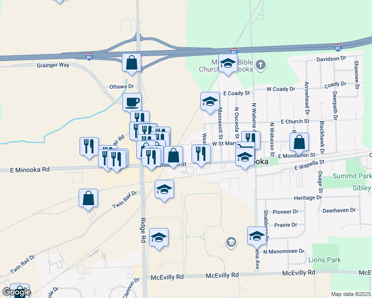 map of restaurants, bars, coffee shops, grocery stores, and more near 405 West Mondamin Street in Minooka