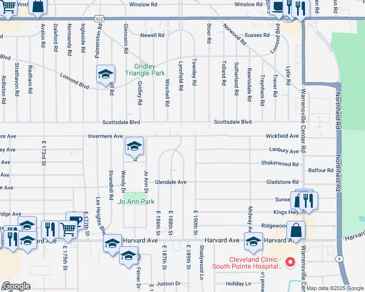 map of restaurants, bars, coffee shops, grocery stores, and more near 3830 East 189th Street in Cleveland