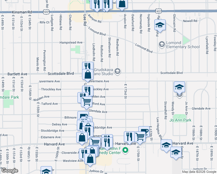 map of restaurants, bars, coffee shops, grocery stores, and more near 17008 Throckley Avenue in Cleveland
