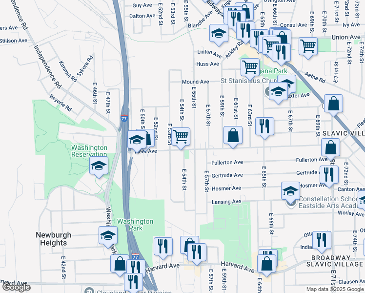 map of restaurants, bars, coffee shops, grocery stores, and more near East 54th Street in Cleveland