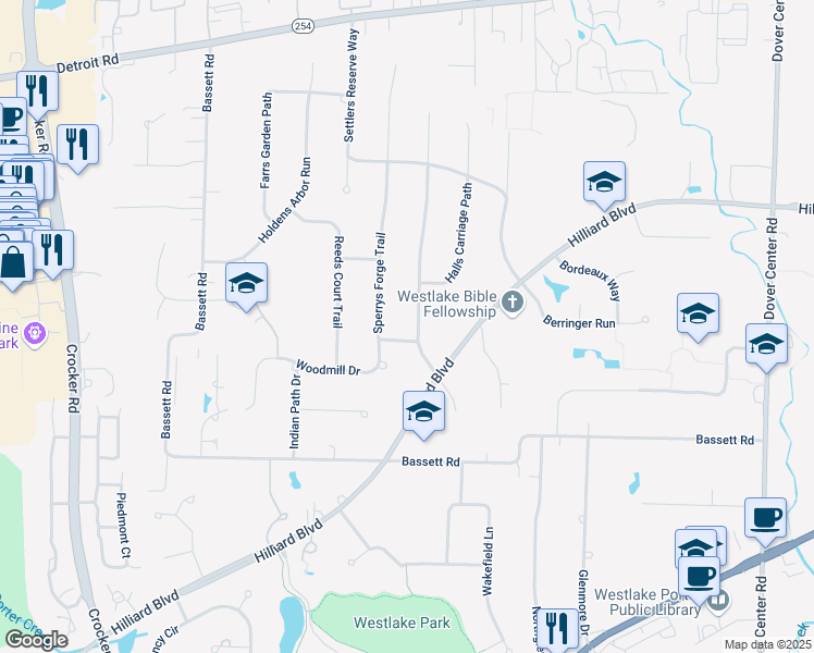 map of restaurants, bars, coffee shops, grocery stores, and more near 1976 Coes Post Run in Westlake
