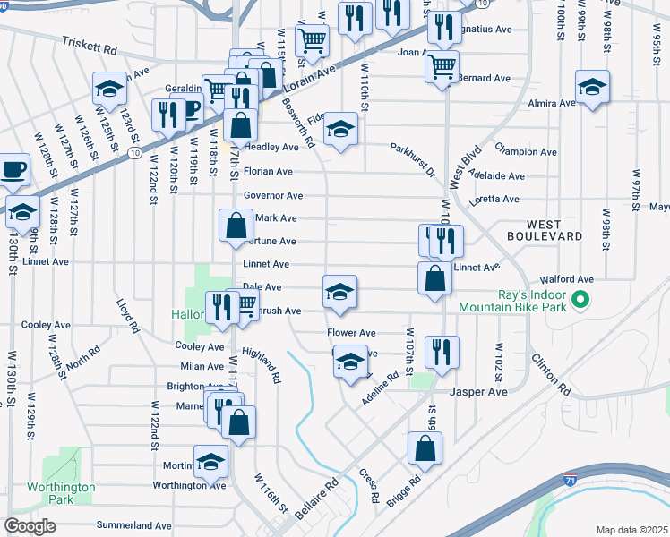 map of restaurants, bars, coffee shops, grocery stores, and more near 3537 Bosworth Road in Cleveland