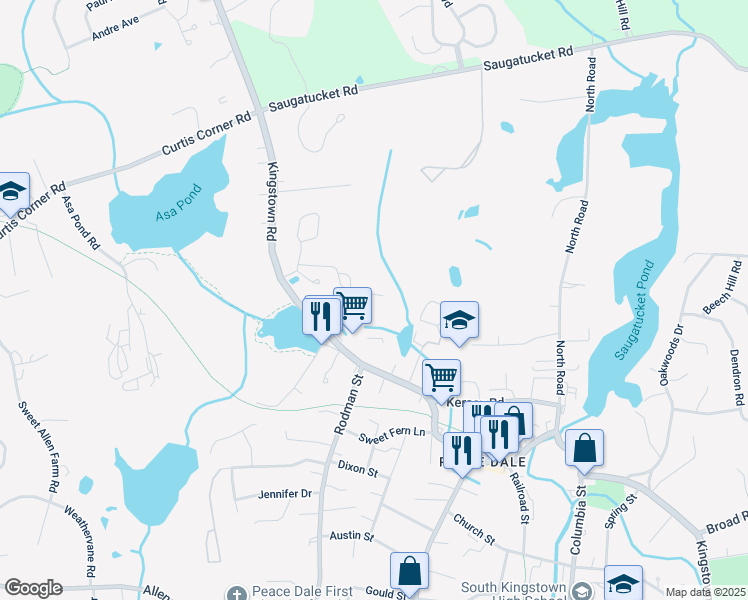 map of restaurants, bars, coffee shops, grocery stores, and more near 1425 Kingstown Road in South Kingstown