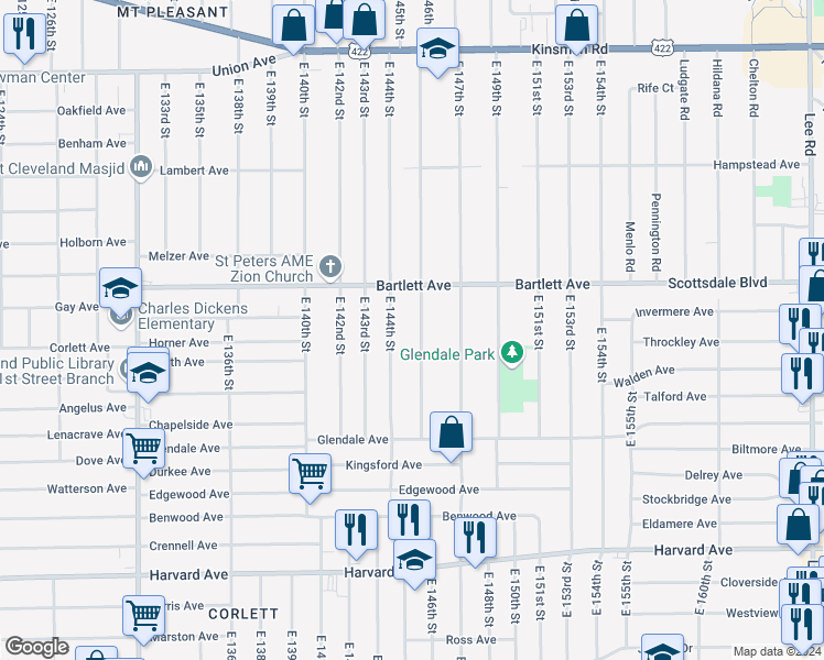map of restaurants, bars, coffee shops, grocery stores, and more near 3818 East 146th Street in Cleveland