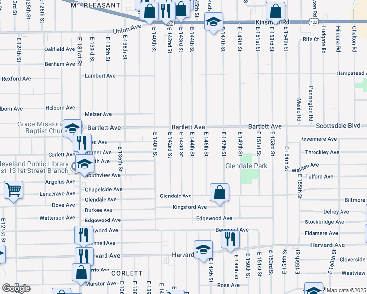 map of restaurants, bars, coffee shops, grocery stores, and more near 3817 East 143rd Street in Cleveland