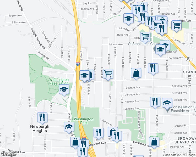 map of restaurants, bars, coffee shops, grocery stores, and more near 5208 Fleet Avenue in Cleveland
