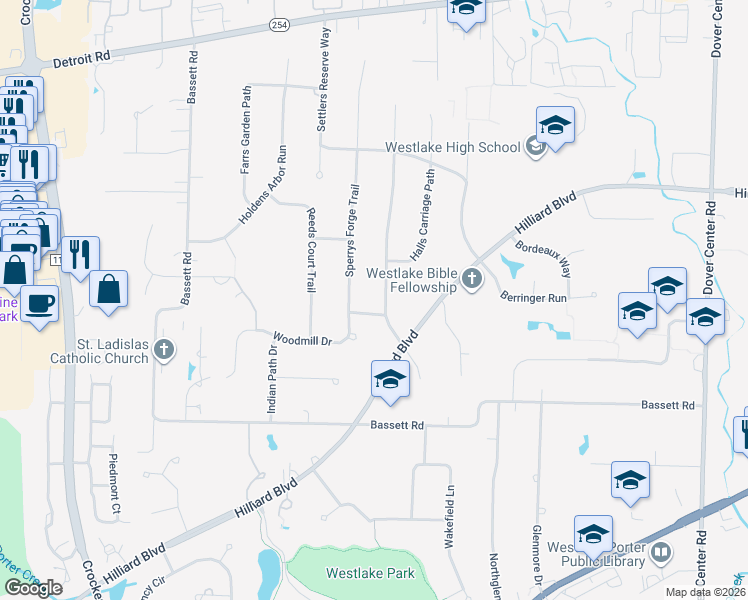 map of restaurants, bars, coffee shops, grocery stores, and more near 1976 Coes Post Run in Westlake